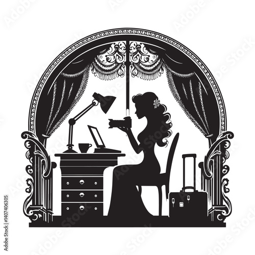 Silhouette of a woman travel blogger within a Victorian frame illustration