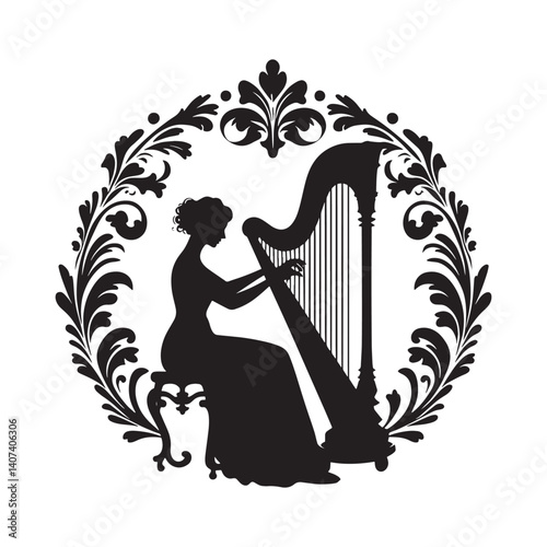 Silhouette of a woman tuning a harp framed by ornamental foliage design