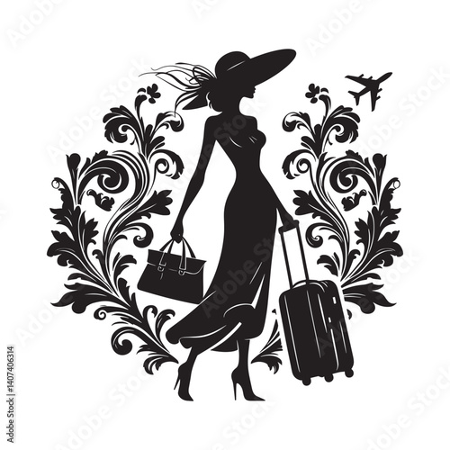 Silhouette of a woman traveling in style with elegant floral accents