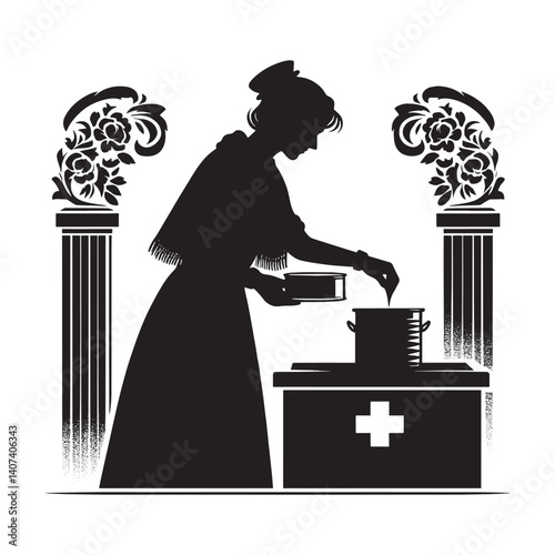 Silhouette of a woman volunteering, preparing food at a charity event