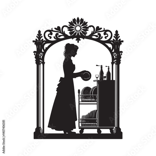Silhouette of a woman washing dishes framed by victorian flourish design