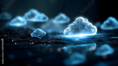 Digital Luminescence: A futuristic digital landscape illuminated by glowing cloud formations, illustrating the abstract concept of cloud computing.