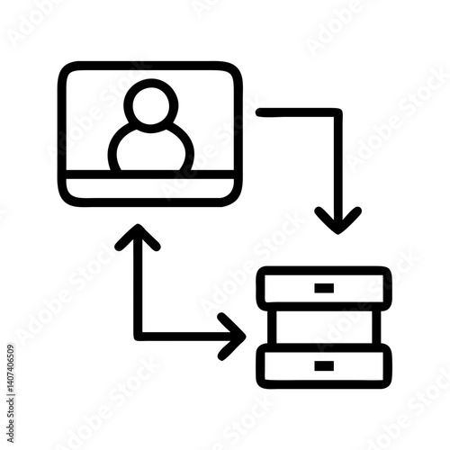 User data flow diagram showing database interaction and data processing workflow design icon