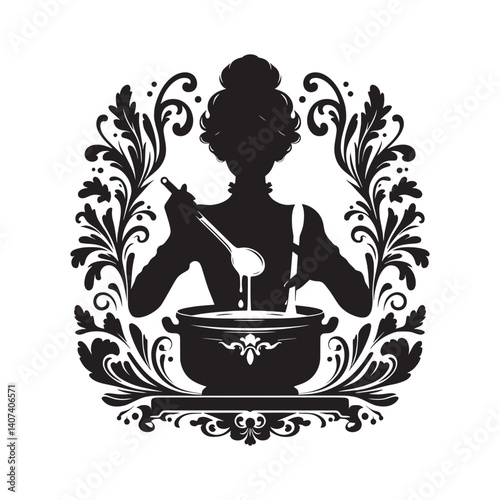 silhouette of A Women in kitchen stirring soup inside Victorian flourish