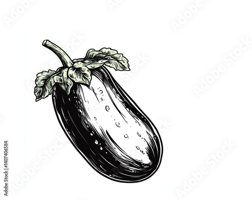 Stylized Eggplant with Leaves, Curvy and Organic, Black and White