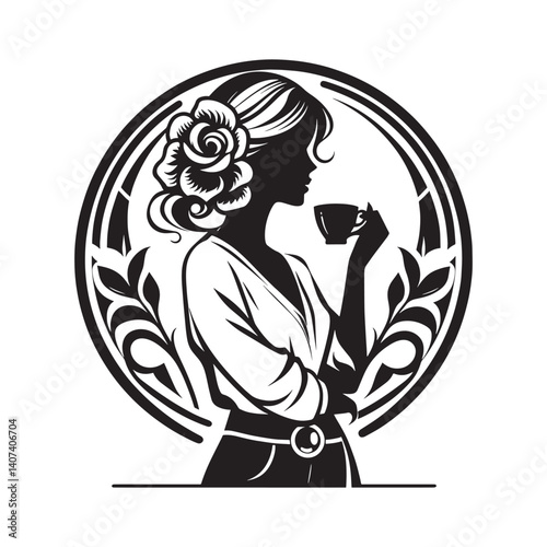 Silhouette of an elegant woman enjoying a coffee break in a floral frame