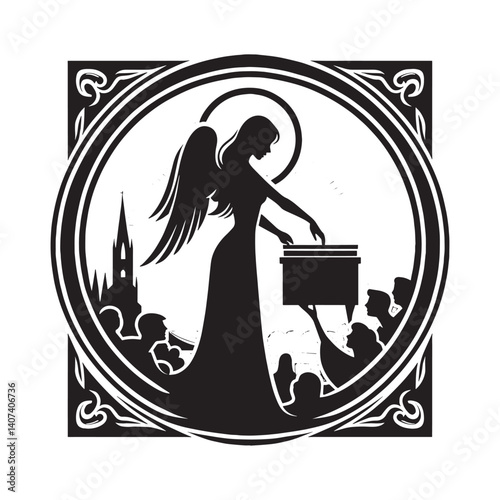 Silhouette of Angelic Figure Helping Charitable Contributions within Decorative Frame