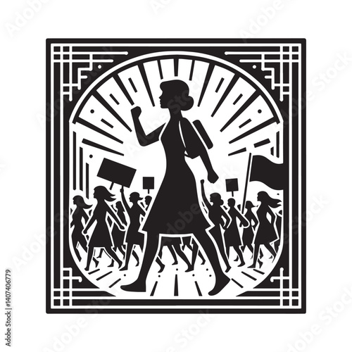 Silhouette of determined woman activist leading a vibrant protest march group