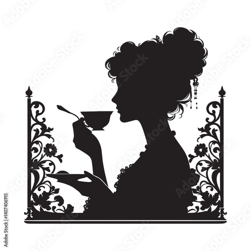 Silhouette of elegant woman sipping coffee amidst Victorian ornamentation