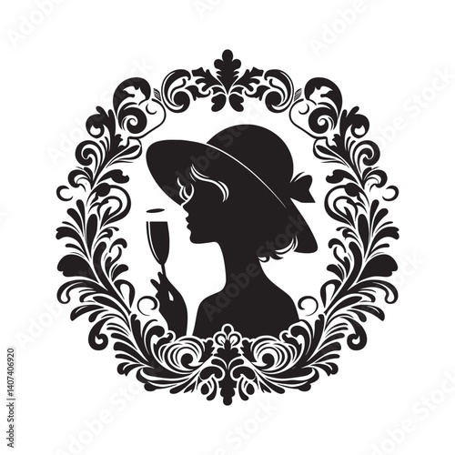 Silhouette of elegant woman with champagne inside decorative flourish frame