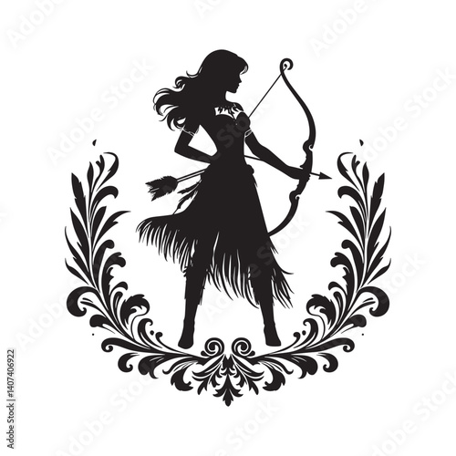 Silhouette of empowered woman warrior with bow and arrow in floral frame