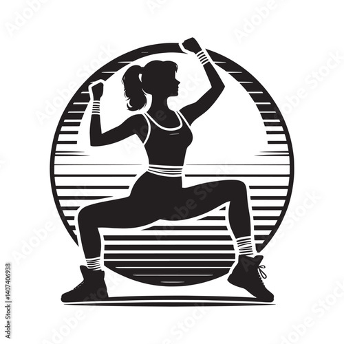 Silhouette of energetic woman performing aerobics with an s style background