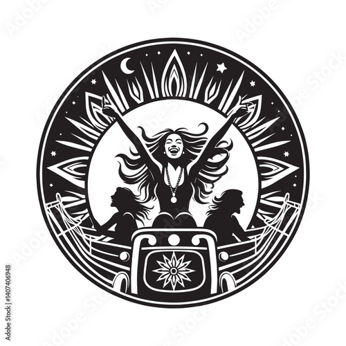 Silhouette of euphoric woman enjoying roller coaster with friends and celestial icons