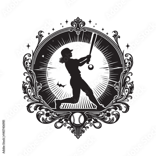 Silhouette of female baseball player hitting home run inside ornate frame