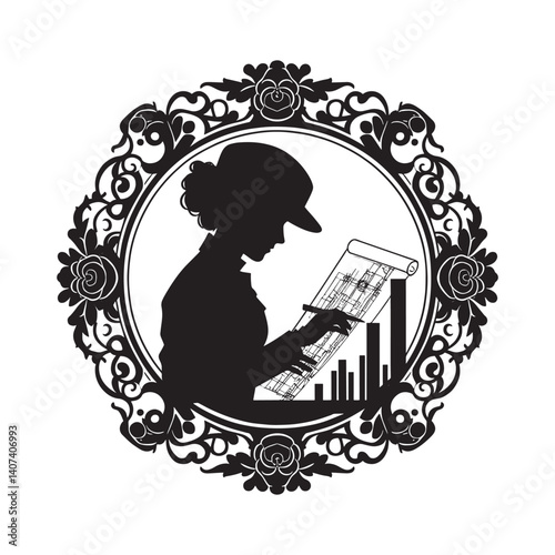 Silhouette of Female Engineer Drafting Plans within Ornate Flourish Frame