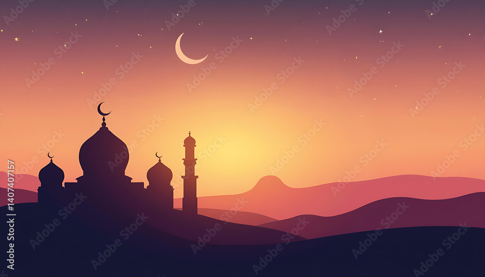 Obraz premium Serene Sunset Mosque Silhouette: A Ramadan Kareem Scene