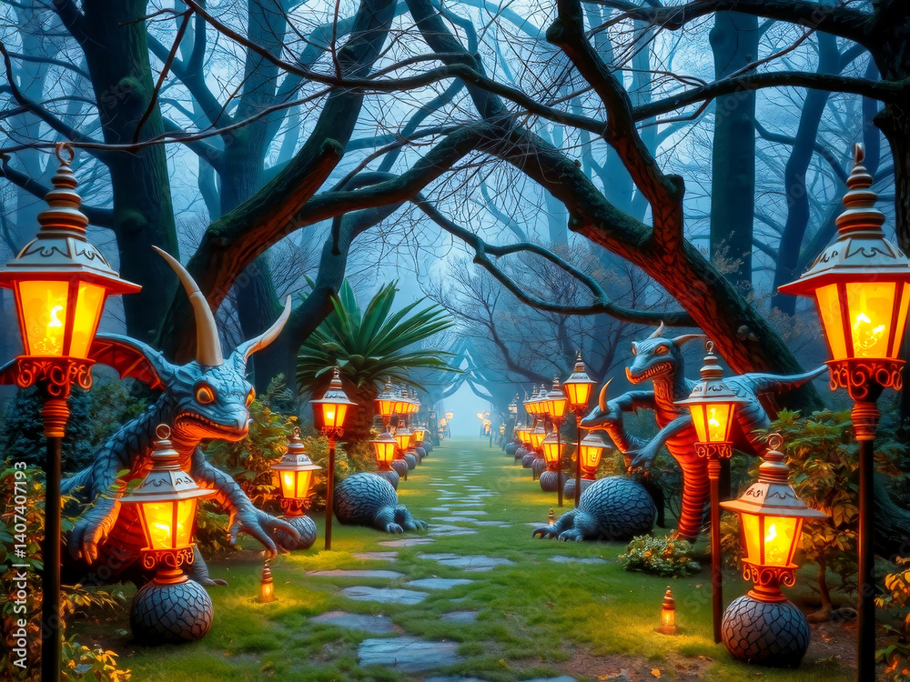 A path with many lanterns and statues of dragons. The lanterns are lit up and the statues are made of metal. Scene is eerie and mysterious