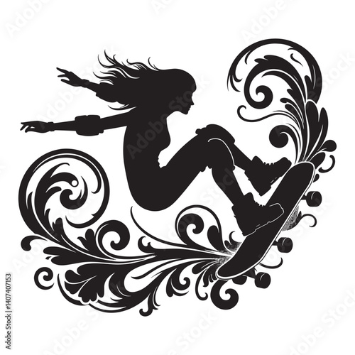 Silhouette of skateboarder amidst abstract Victorian inspired flourishes