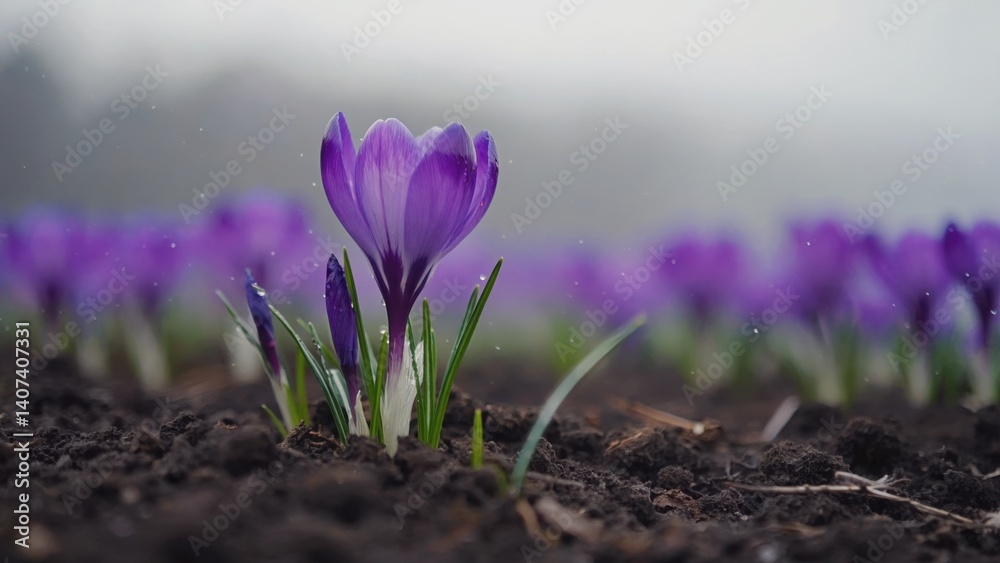Obraz premium Close-up of pink and purple tulips growing in a garden, with soil visible at the bottom.