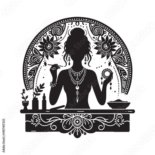 Silhouette of woman crafting unique jewelry with decorative ornaments