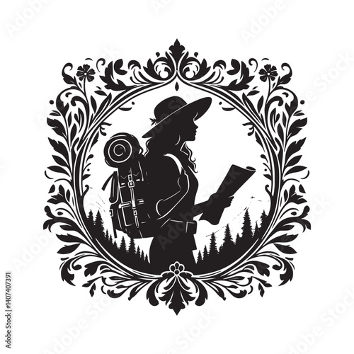 Silhouette of Woman Explorer with Backpack, Map, Inside Victorian Flourish Frame