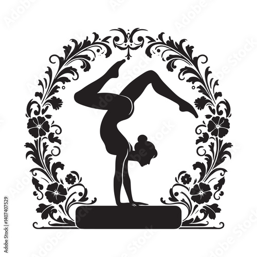 Silhouette of woman gymnast performing handstand with ornate floral decoration