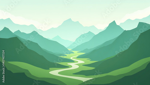 Serene Green Valley: A Minimalist Mountain Landscape