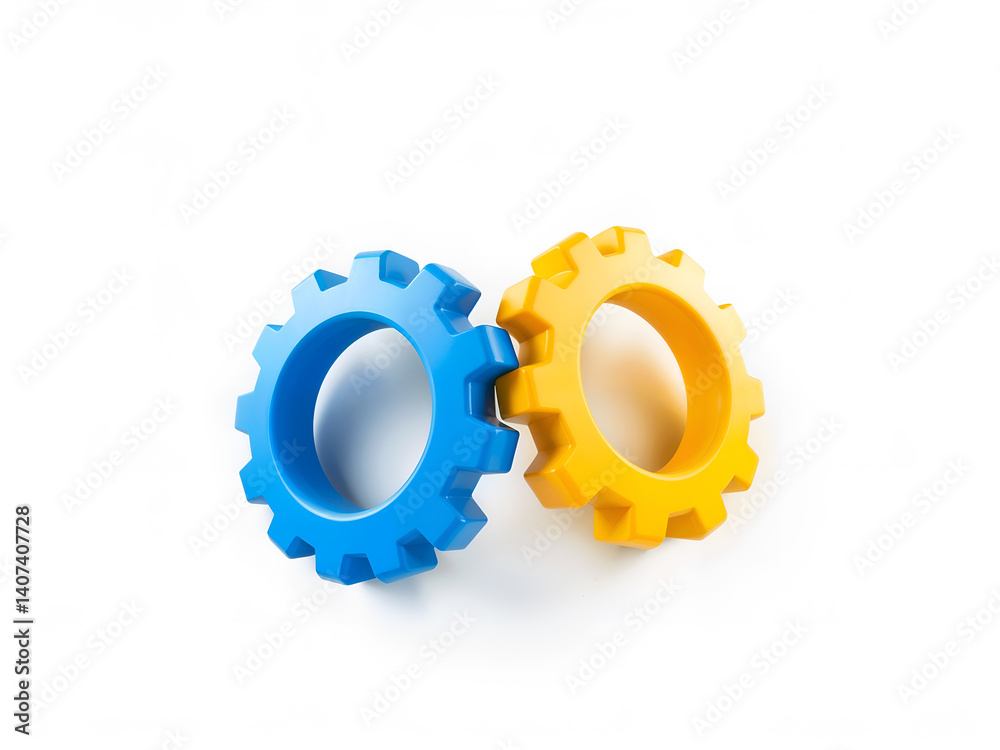 Two plastic gears in blue and yellow colors, isolated on white for technology or toy concept. Generative AI