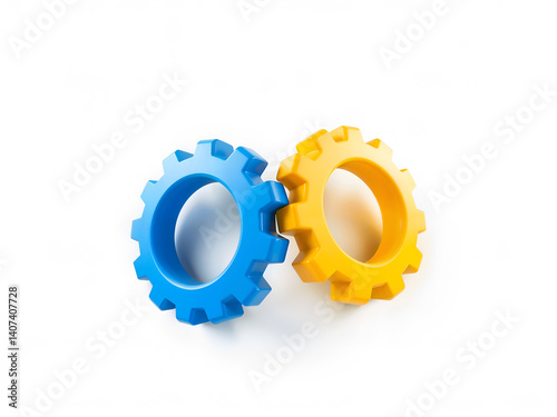 Obraz na płótnie Two plastic gears in blue and yellow colors, isolated on white for technology or toy concept. Generative AI w salonie
