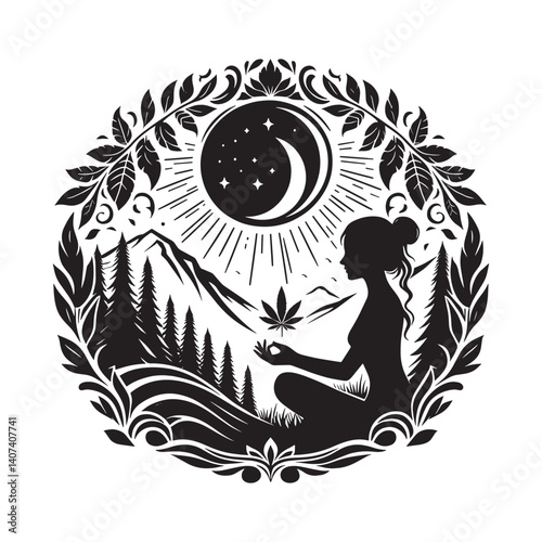 Silhouette of woman meditating with cannabis leaf in forest scene illustration