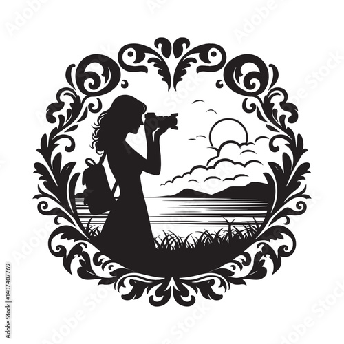 Silhouette of woman photographer framed by Victorian flourish captures landscape