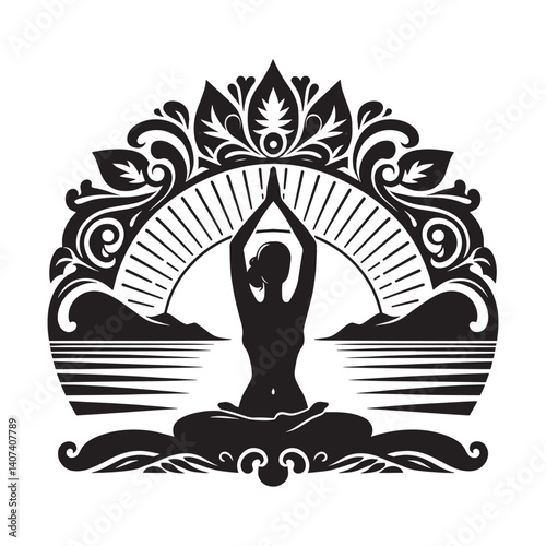 Silhouette of woman practicing yoga on serene lakeside at dawn stylized