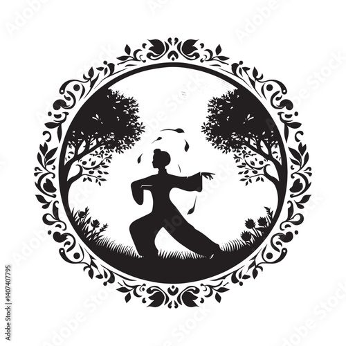 Silhouette of woman practicing Tai Chi in decorative circular frame emblem