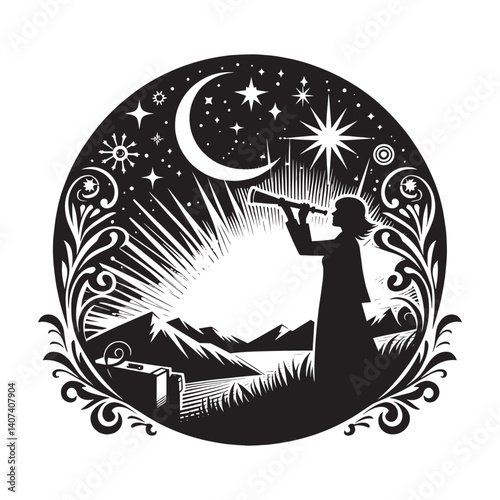 Silhouette of woman stargazing with telescope in a serene remote location