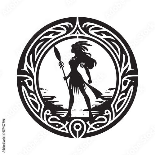 Silhouette of woman warrior against sunset in ornate tribal design circle
