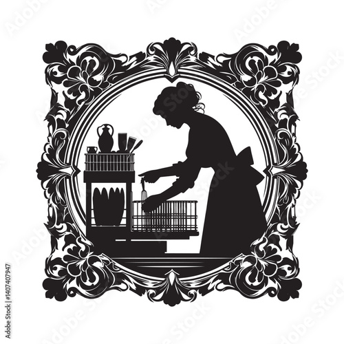 Silhouette of woman washing dishes in a ornate victorian style frame