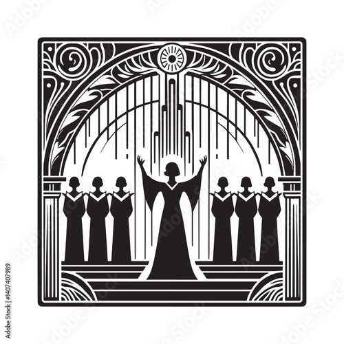 Silhouette portrayal of a choir ensemble performing inside a cathedral