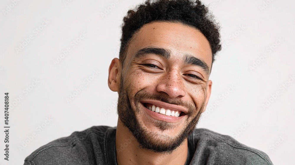 Obraz premium Handsome Young Man with Mixed Race Features Smiling Brightly