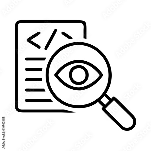 Code review and debugging icon, software quality assurance and testing with magnifier tool