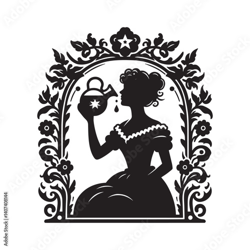 Silhouette Woman Drinking from Ornate Moonshine Jug within Victorian Frame