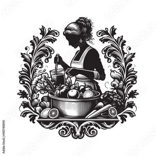 Silhouette woman preparing fresh green juice with healthy vegetables art
