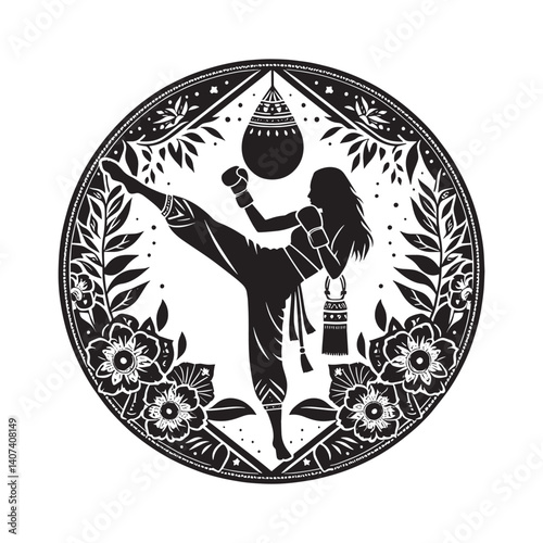 Silhouetted kickboxing workout inside floral decorative circle design