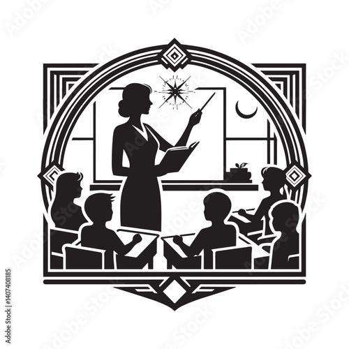 Silhouetted teacher inspiring students in stylized classroom setting