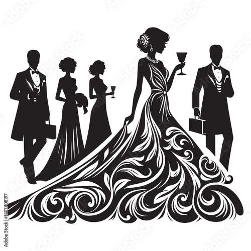 Silhouetted figures attend a high society event in formal evening wear