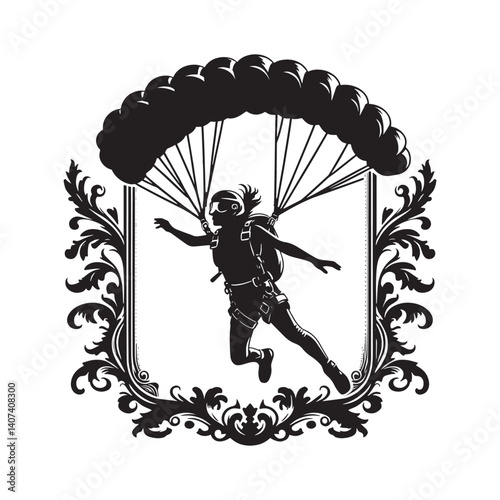 Skydiving adventure with vintage frame, a silhouette of a woman embracing freedom