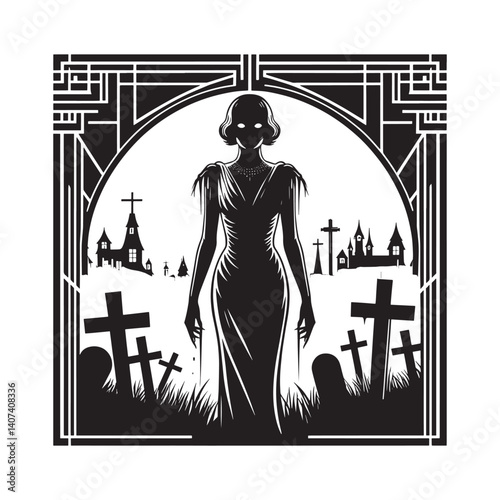 Spectral woman in vintage gown haunting a gothic graveyard silhouette art