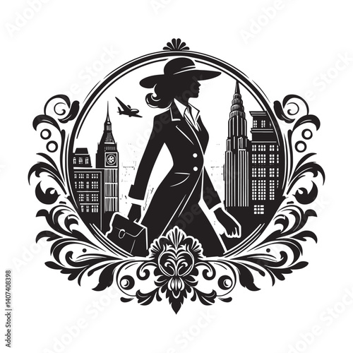Stylish businesswoman strolling through a cityscape encapsulated by decorative frame