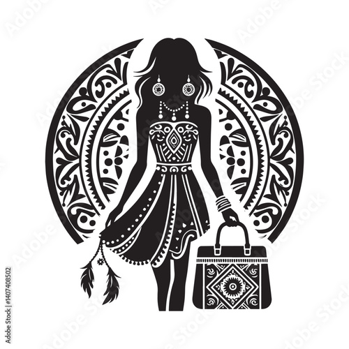Stylish woman silhouette with intricate bohemian design elements and ornaments