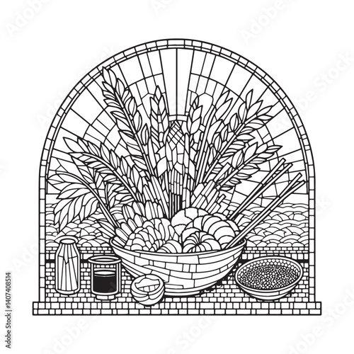 Stylized Asian food bowl in monochrome stained glass vector illustration
