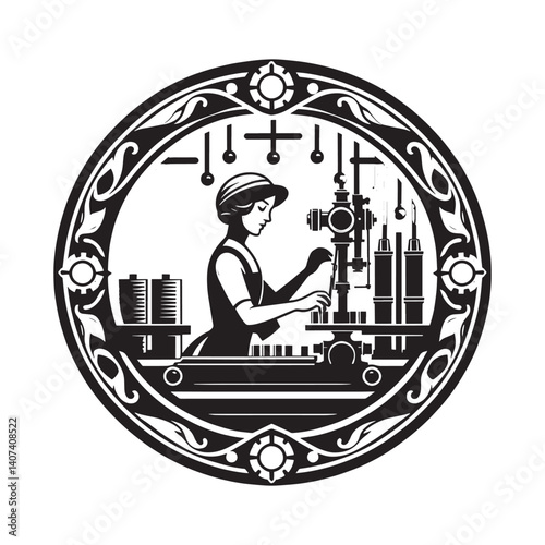 Stylized depiction of a woman working on an assembly line in a factory setting